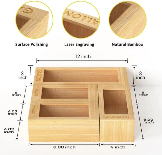 4-Size Bamboo Drawer Organizer for Food Storage Bags | Stackable Kitchen Organizer (Gallon/Quart/Sandwich/Snack) - Handcrafted with Natural Material