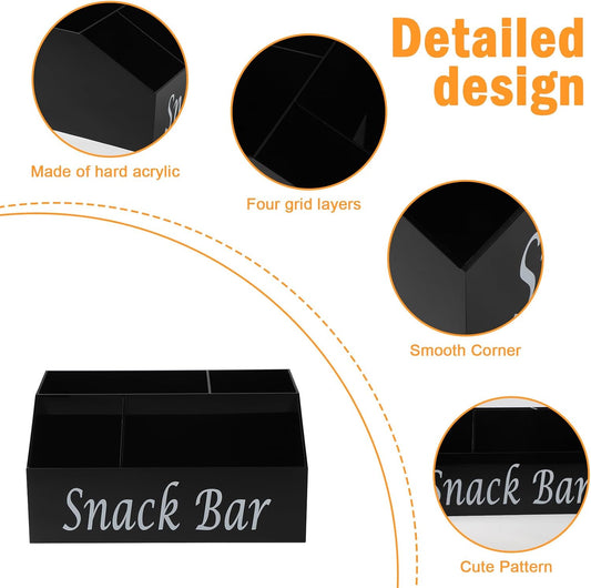 Snack Organizer for Countertop - Acrylic Storage Container With 4 Compartments for Kitchen Cabinet Pantry - Black Snack Bar Station