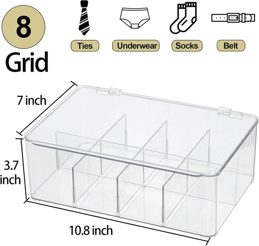 ZEXALOR Plastic Clear Storage Containers, Set of 2 Tea Bag Organizer Boxes 8 Compartments with Lids, Underwear Tie Drawer Organizer, Dresser Organizer (10.8×7×3.7")