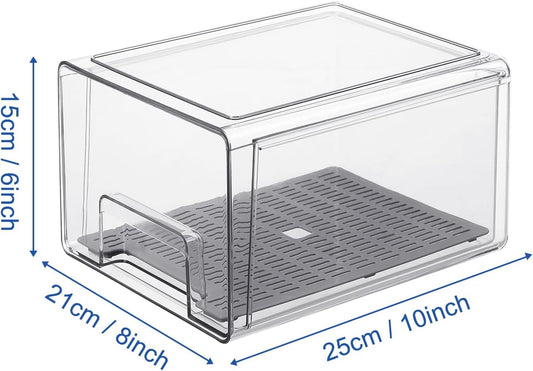 Pull Out Clear Fridge Organizer Drawers with Drainer, Refrigerator Stackable Storage Bins for Kitchen Fruit & Veggie Organization (Complete Set)