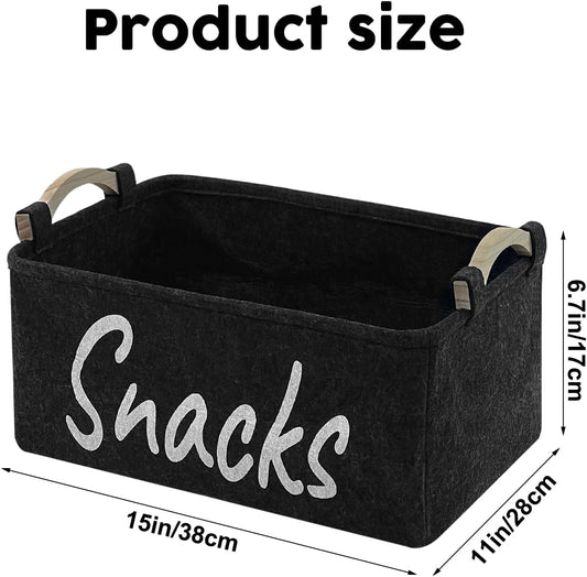 2 PCS Snack Bin Organizer for Pantry, Snack Basket Organizer for Countertop with Wooden Handles Thickened Felt Snack Storage Containers for Storing Chips Pretzels Cookies Popcorn and More