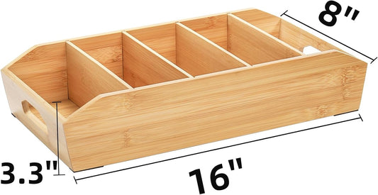 Pumtus 2 Pack Bamboo Pantry Organizers, Storage Bin with Removable Dividers, Divided Snack Oragnizer with Handle, Stackable Cabinet Basket, Drawer Caddy for Kitchen Office Packets Sauce Pouches