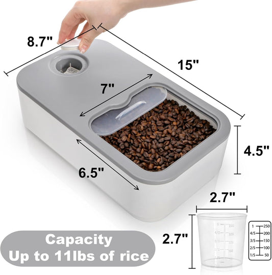 Rice Storage Container, 11 Lbs Plastic Airtight Rice Dispenser with Measuring Cup, Dry Food Storage Bucket Box with Lid, Flour Bin Pet Food Container, Kitchen Organizer for Grain Cereal, White