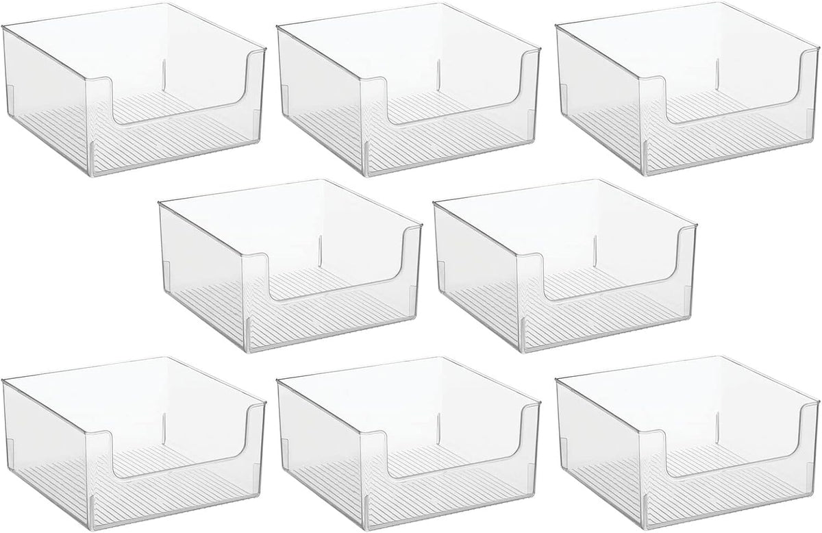 mDesign Modern Plastic Open Front Dip Storage Organizer Bin Basket for Household Organization - Shelves, Cubby, Cabinet, and Closet Organizing Decor - Ligne Collection - 8 Pack - Clear