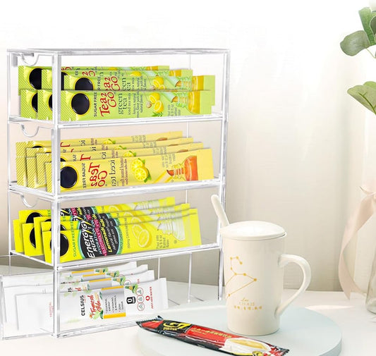 Drink Packet Organizer, Acrylic Drink Mix Holder with 4 Clear Drawers Water Flavor Packets Container for Kitchen Pantry Home Organization