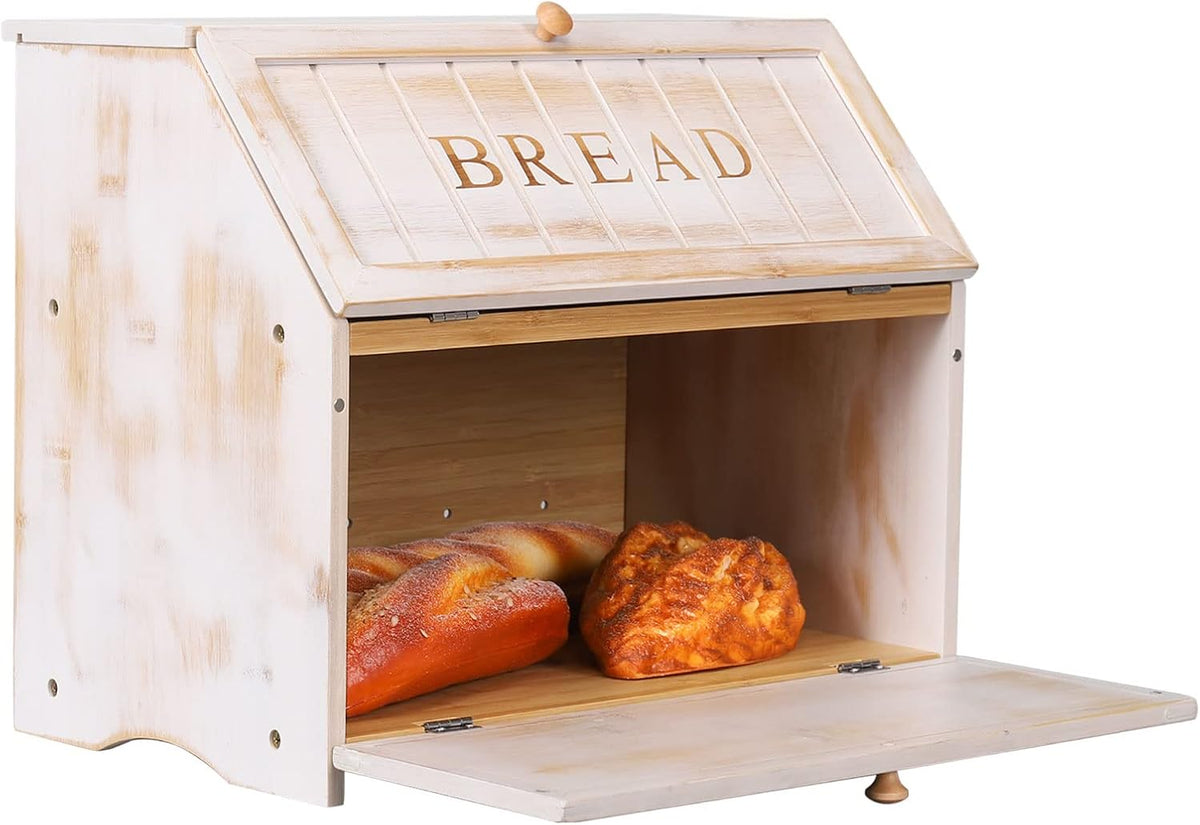 HOMEKOKO Vintage Double Layer Large Bread Box for Kitchen Counter, Retro Design Wooden Large Capacity Bread Storage Bin (White)