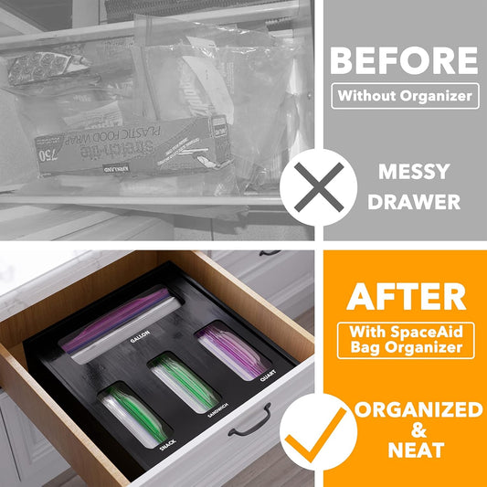 Bag Storage Organizer for Kitchen Drawer, Bamboo Organizer, Compatible with Gallon, Quart, Sandwich and Snack Variety Size Bag (1 Box 4 Slots)