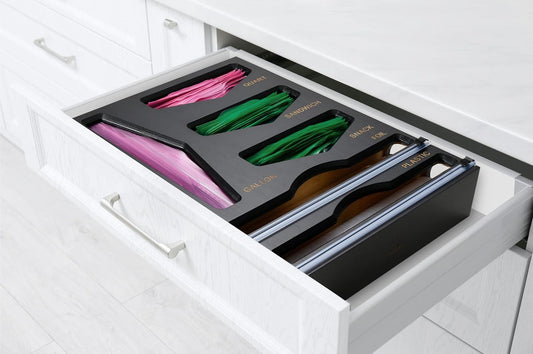 Bamboo Food Bag Organizer with Foil and Plastic Wrap Organizer, Kitchen Drawer Organizer, Wrap Dispenser with Cutter, for Gallon, Quart, Sandwich, Snack Bags and 12" Roll (Black)