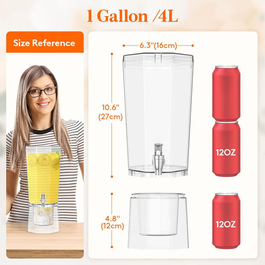 1 Gallon (128 OZ) Drink Dispensers for Parties 2 Pcs, 4L Plastic Beverage Containers with Stand for Juice/Tea/Soda/Water, Clear Ice Lemonade Dispensers with Lid & Leak-proof Spigot