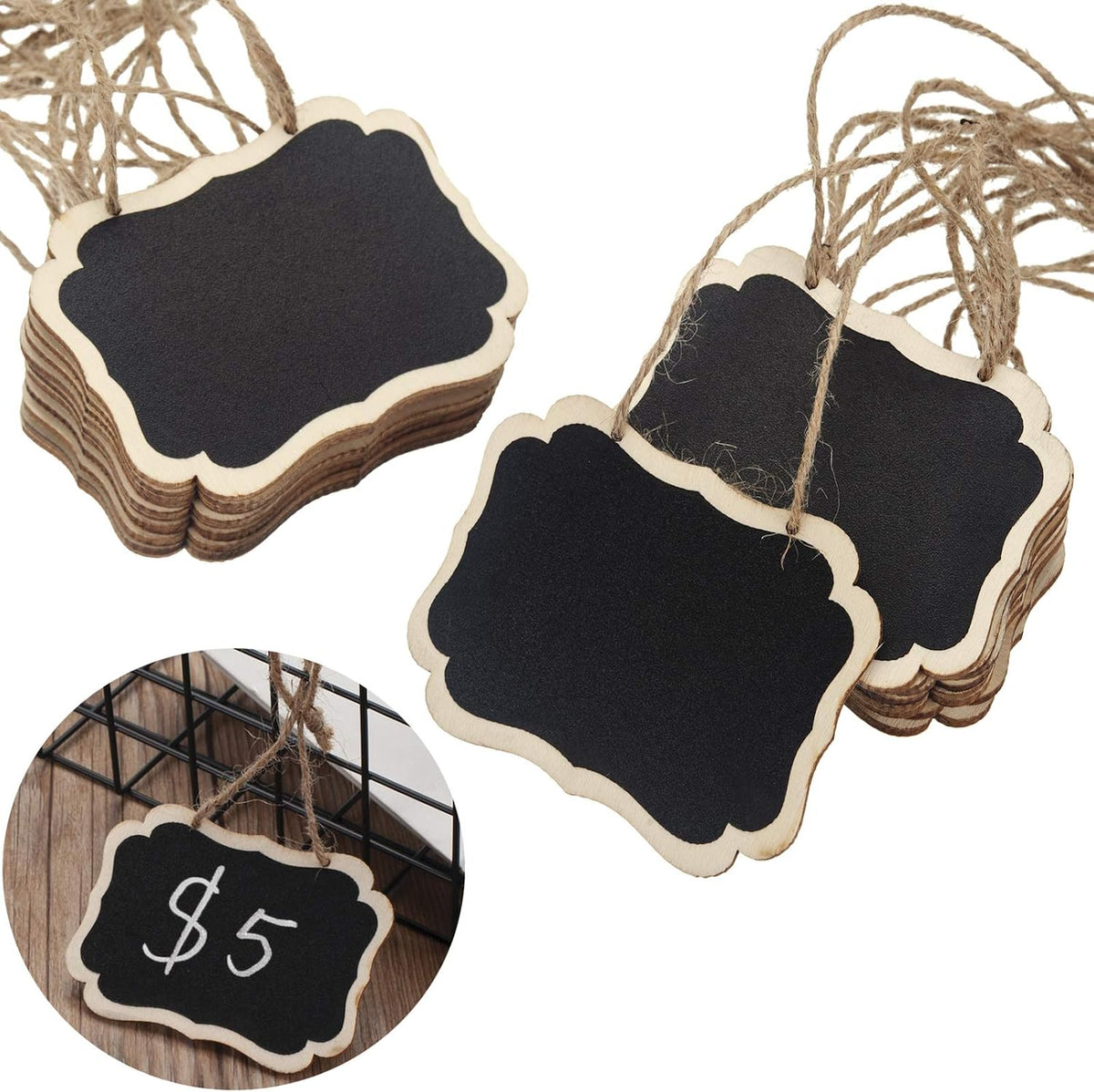 20 Pack Mini Chalkboards Tags Erasable Price Tags, Double Sided Blackboard with Hanging String Wooden Chalkboard Board Signs