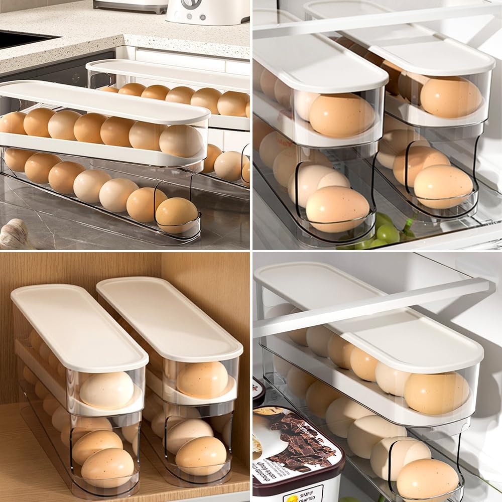 2026 New Egg Holder for Fridge, Egg Organizer for Refrigerator Automatic Scrolling Eggs Rack Holder Rolling Dispenser Stackable Container and Storage for Refrigerator with Lid
