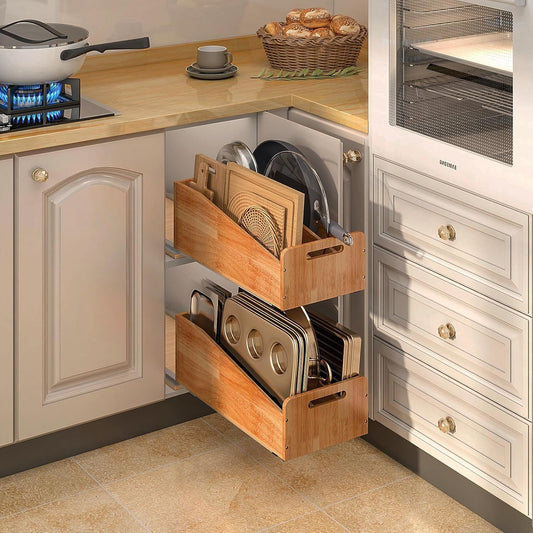 Pull Out Cabinet Organizer for Pans, Cookie Sheet, Bakeware, Cutting Board, Slide Out Kitchen Cabinet Storage Organizer Rack, 10.5''W X 21"D X 7.5"H, Wood
