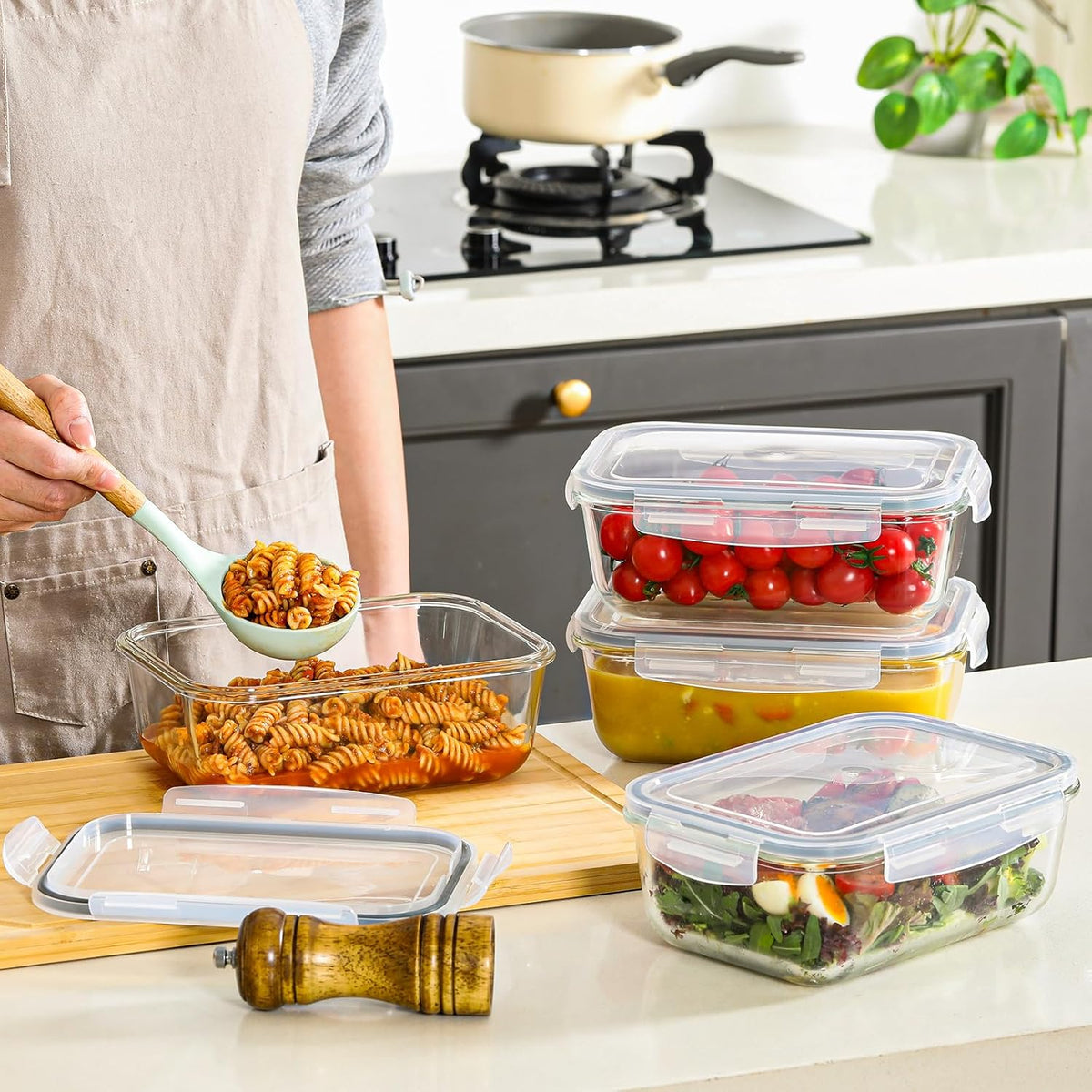 4 Pack 8 Cups/ 63oz Large Glass Storage Containers with Lids, Meal Prep Containers, Glass Food Storage with Airtight Lid for Baking, Leak Proof & Microwave, Oven Safe (4 Containers + 4 Lids)