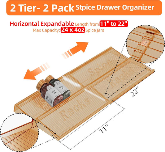 Clear Spice Drawer Organizer, 4 Tier Spice Rack for Drawer, Expandable From 11" to 22" Kitchen Seasoning Organizers and Storage for Drawer (Jars not included)