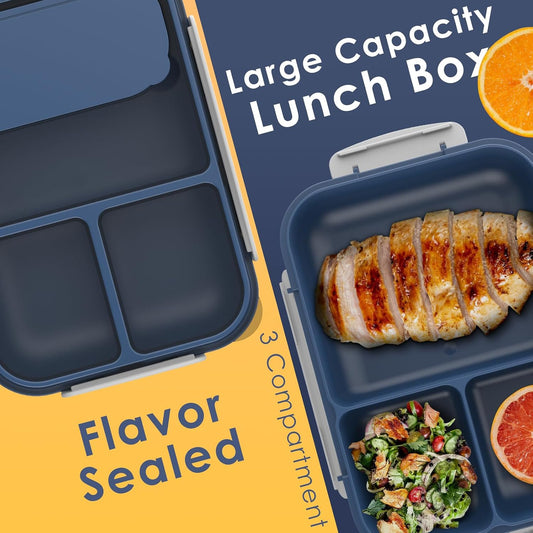 Large Capacity Bento Box for Adult, 1700ML 3 Compartments Lunch Box with Utensil, Airtight Food Container with Lids for Meal Prep, Microwave/Dishwasher/Freezer Safe, On the Go (Dark Blue)