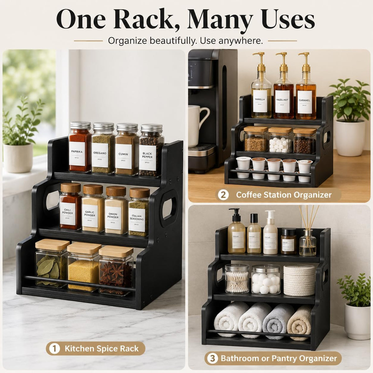 3 Tier Spice Rack Organizer for Cabinet, Wood Spice Shelf Storage, Kitchen Seasoning Organizer for Kitchen Countertop or Pantry, Spice Bottles, Bottles, Black