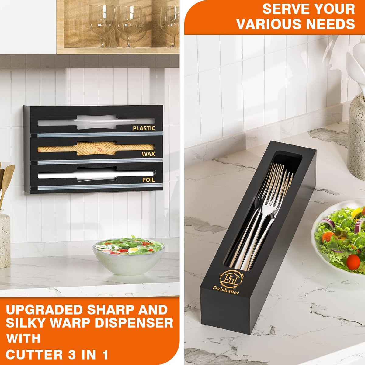 9 IN1 Bamboo Storage Bag Drawer Organizer with Cutter, Foil and Plastic Wrap Dispenser for Kitchen Storage Compatible with All Brands Gallon, Quart, Sandwich & Snack Size Bags - Black