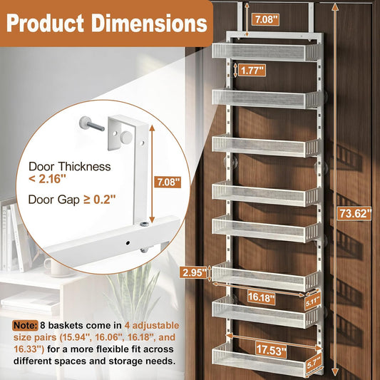 Over the Door Pantry Organizer, 8-Tier Heavy-Duty Door Spice Rack with Mesh Baskets, Height Adjustable & Anti-Swing Design, Pantry Door Organizers and Storage for Kitchen, Bathroom