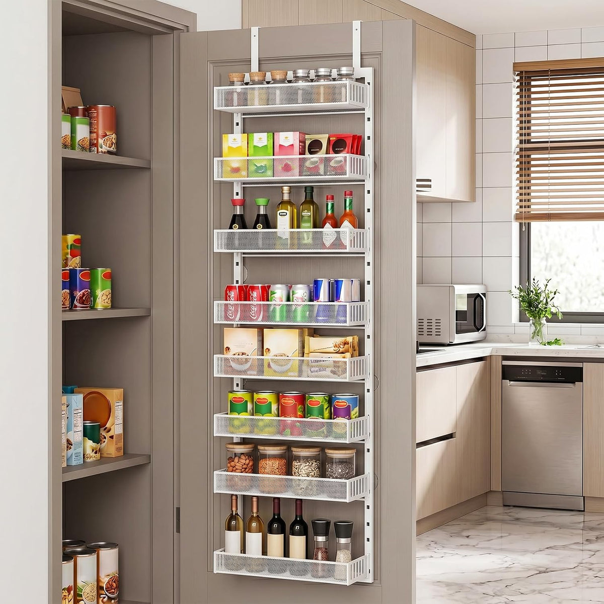 Over the Door Pantry Organizer, 8-Tier Heavy-Duty Door Spice Rack with Mesh Baskets, Height Adjustable & Anti-Swing Design, Pantry Door Organizers and Storage for Kitchen, Bathroom