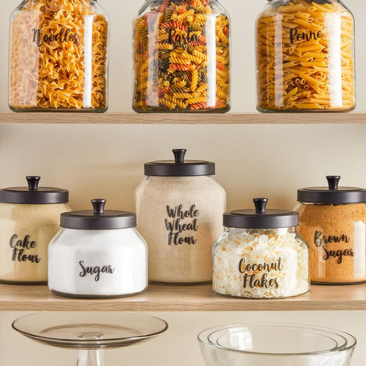 Labels for Food Containers - 135 Count, Preprinted Black Cursive on Clear Backing, Water-Resistant - Pantry & Kitchen Storage Labels for Jars & Bins - Easy Peel & Stick
