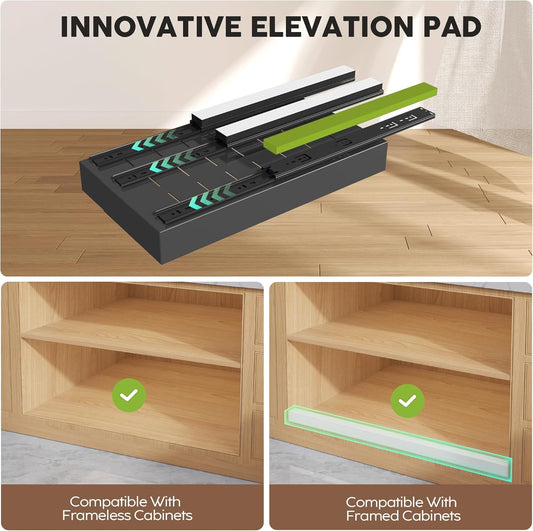 Pull Out Cabinet Organizers 21"Deep with Raising Pad for Framed Cabinets,Expandable Slide Out Drawers Upgrade 3 Slide Rails,Roll Out Shelves Adhesive,Adjustable Width 12"-20.45" White