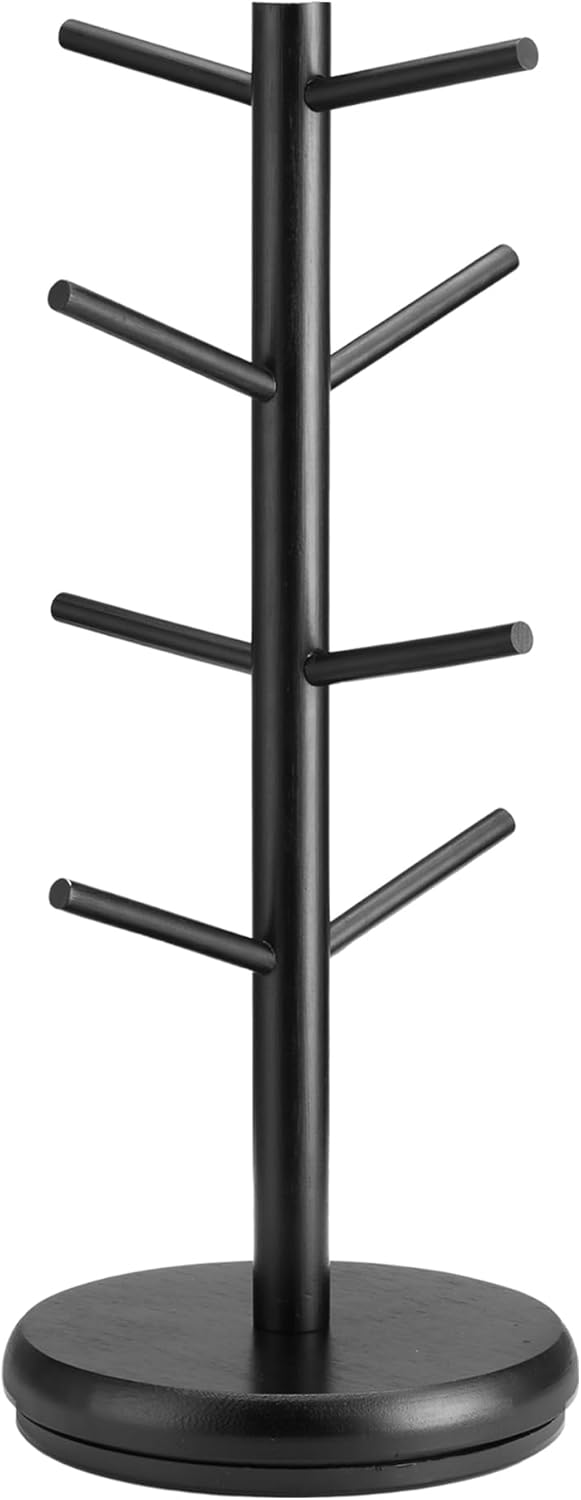 Coffee Mug Tree, 360° Rotating Wooden Mug Holder with 8 Hooks