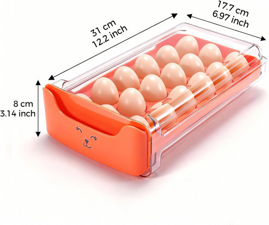 Egg-Holder for Fridge, Fits Small to Large Eggs, White | 18 Egg-Storage for Refrigerator Countertop, 1 Tier Dispenser with Drawer, Stackable Clear Egg Tray Container