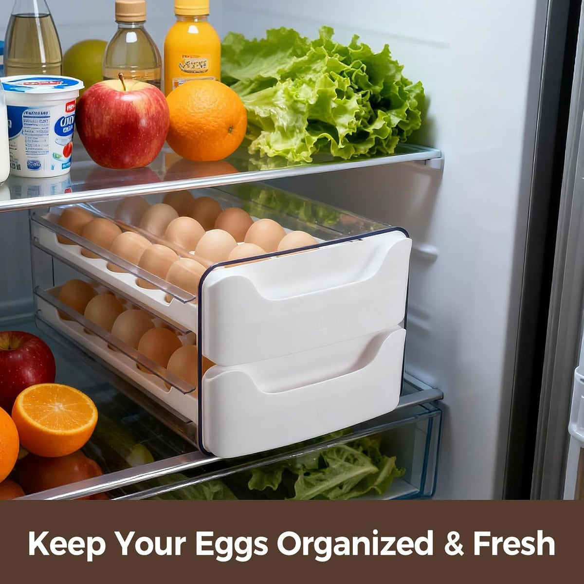Egg-Holder for Fridge, Fits Small to Large Eggs, White | 18 Egg-Storage for Refrigerator Countertop, 1 Tier Dispenser with Drawer, Stackable Clear Egg Tray Container