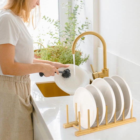 3 Pack Bamboo Wooden Dish Racks Plate Stand Holder Vertical Drainer Kitchen Cabinet Organizer for Dish, Pots, Lids, Bowls, Cups, and Cutting Boards and Books