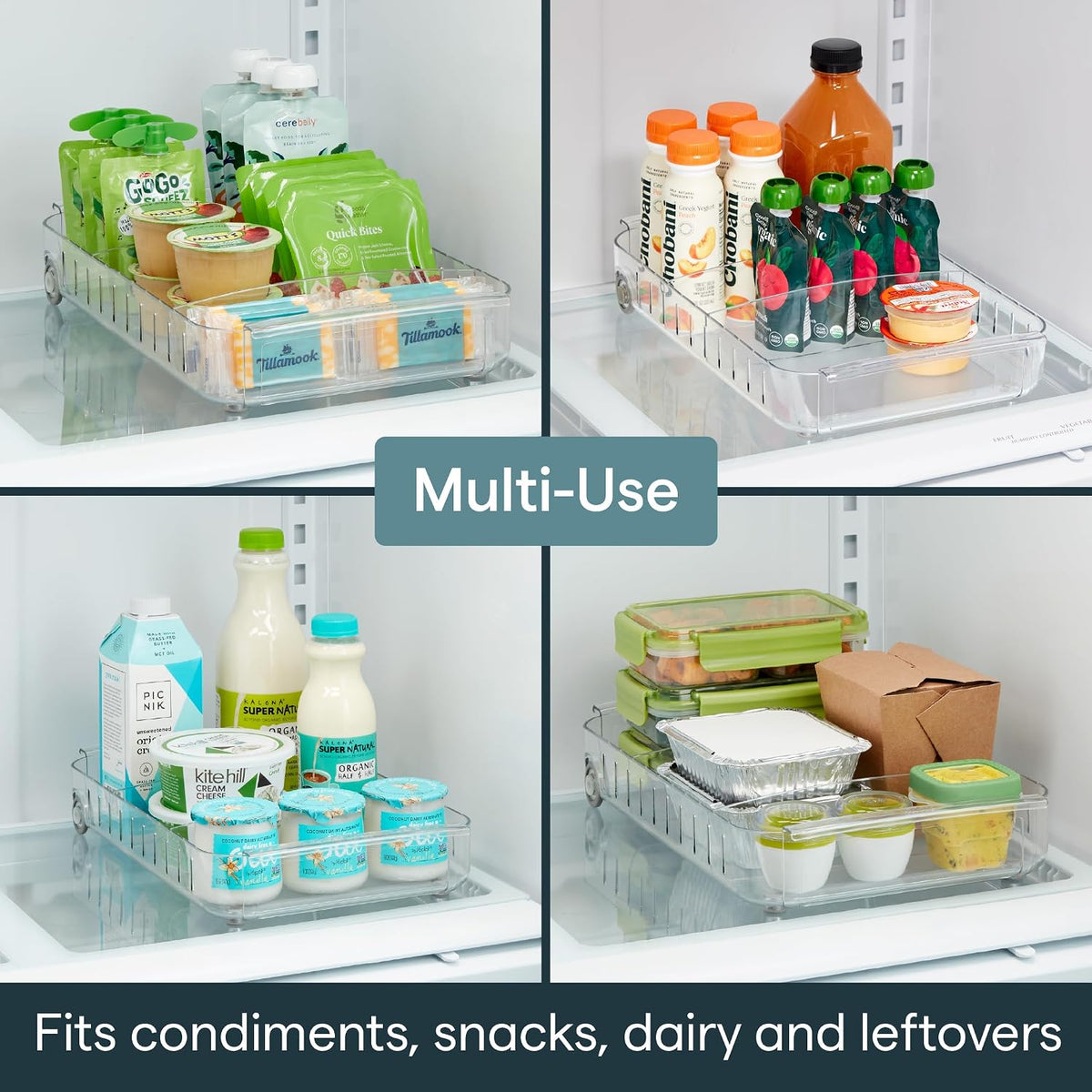 RollOut Fridge Caddy BPA-Free Clear Rolling Refrigerator Organizer Bin with Adjustable Dividers and Handles, 9" Wide