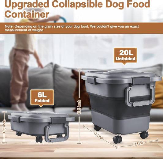 Dog Food Storage Container,10-25 lbs Airtight Collapsible Cat Food Storage Container with Attachable Wheels, Portable Handle, Dog Food Scoop for Dog Cat Bird Pet Dry Food Storage Bin Dark Grey