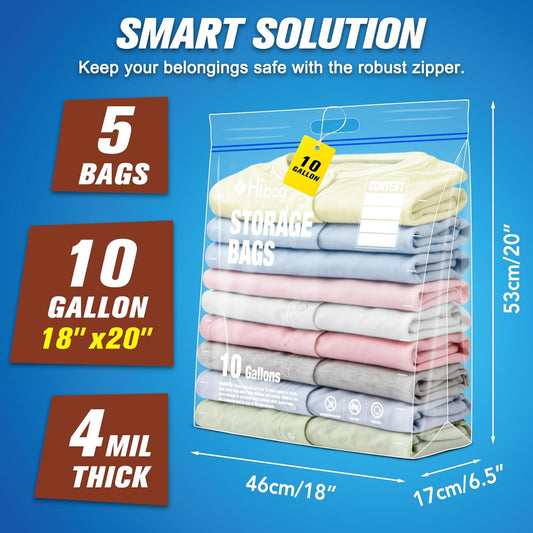 10 Gallon Zipper Storage Bags, 18” x 20” Clear Plastic Bags with Handle, Extra Large XL Zip Bags for Clothes, Pack of 5