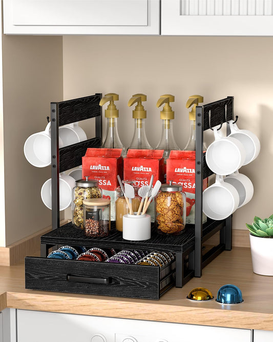 Evermagin K Cup Holder, 35 Pod Capacity, Coffee Pod Holder Compatible with Keurig, Coffee Station Organizer for Countertop with Cup Rack, Rustic Brown