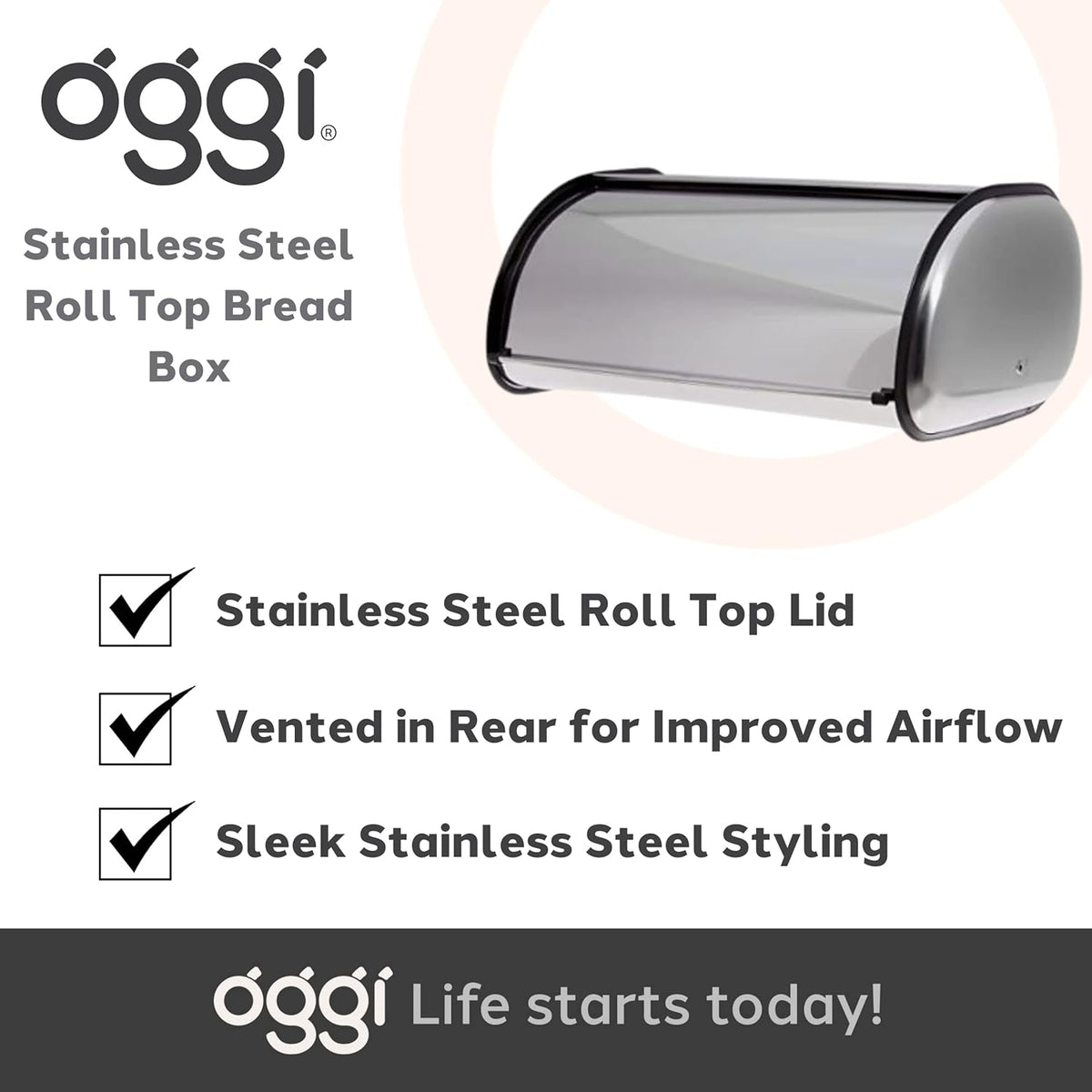 Oggi Stainless Steel Roll Top Bread Box for Kitchen Countertop with Tempered Glass Lid - Fits Multiple Large Loaves of Bread and Other Freshly Baked Goods Including Cookies, Bagels, Muffins