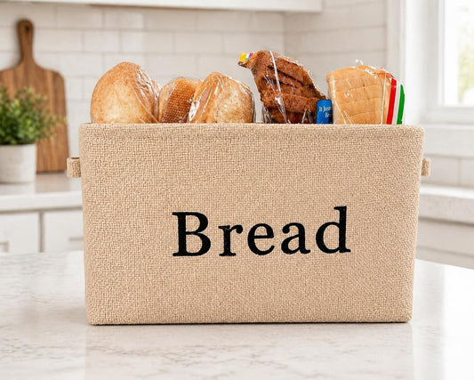 Bread Storage Bin- Burlap basket for keeping Bread, Rolls and other items for Kitchen Counter or Pantry