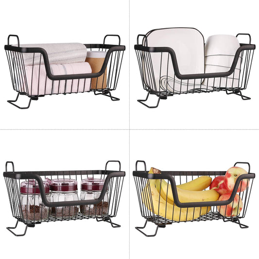 LOTTS Stackable wire basket for pantry, Metal Pantry basket, Storage Organizer Bin with Handles, Fruit basket for Kitchen Cabinets, Pantry, Closets, Bedrooms, Bathrooms (12.6×6.5×7.6")