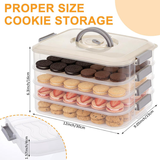 4-Tier Cookie Container with Airtight Lid and Handle Stackable Food Storage Container Dumpling Storage Box Portable Cookie Carrier for Cupcakes Desserts Wonton and Snacks