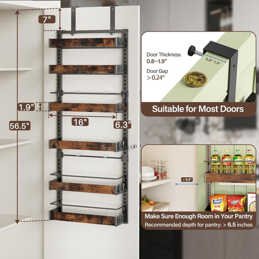 8 Tier Over The Door Pantry Organizer, 2 IN 1 Wall Mount or Metal Hanging Spice Rack for Pantry Organizers and Storage, Seasoning Shelves,Adjustable Basket with Hooks for Kitchen Cabinet and Closet