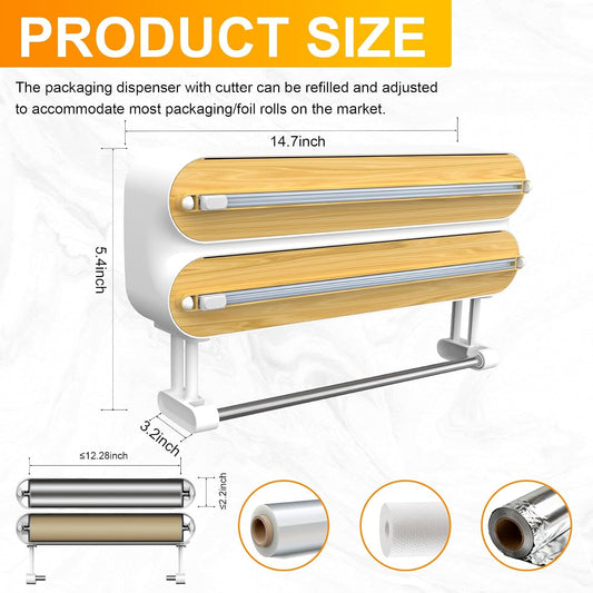 4in1 Plastic Wrap Dispenser with Cutter Aluminum Foil Organizer Wrapping Paper Storage and Kitchen Towel Holder Ideal for Kitchen Organization and Countertop Space Saving