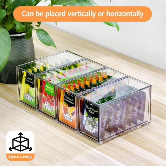 4 Pack Tea Bag Drawers Organizer, Clear Plastic Stackable Tea Organizers and Storage, Portable Tea Bag Holder 6.5" x 4" x 3" for Kitchen Pantry Organizer