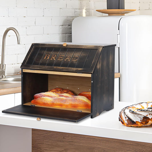 HOMEKOKO Vintage Double Layer Large Bread Box for Kitchen Counter, Retro Design Wooden Large Capacity Bread Storage Bin (White)