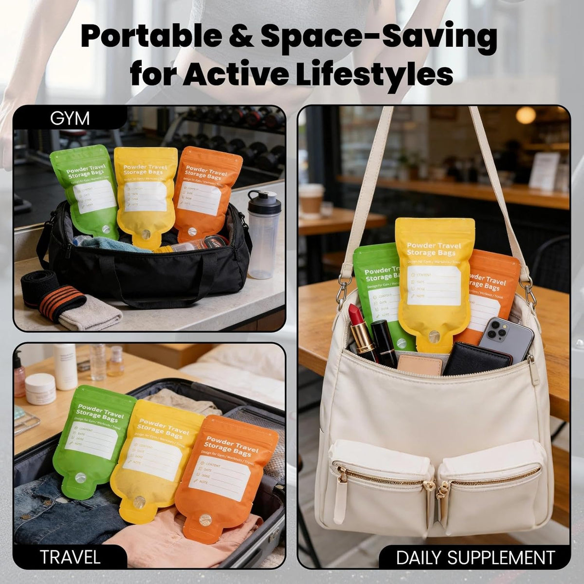 Protein Powder Storage Solution, 90PCS 3-Color Leakproof Bottle-Shaped Disposable Protein Powder Travel Container Bags for Gym, Travel & Mess-Free Daily Routine Supplement Organization System