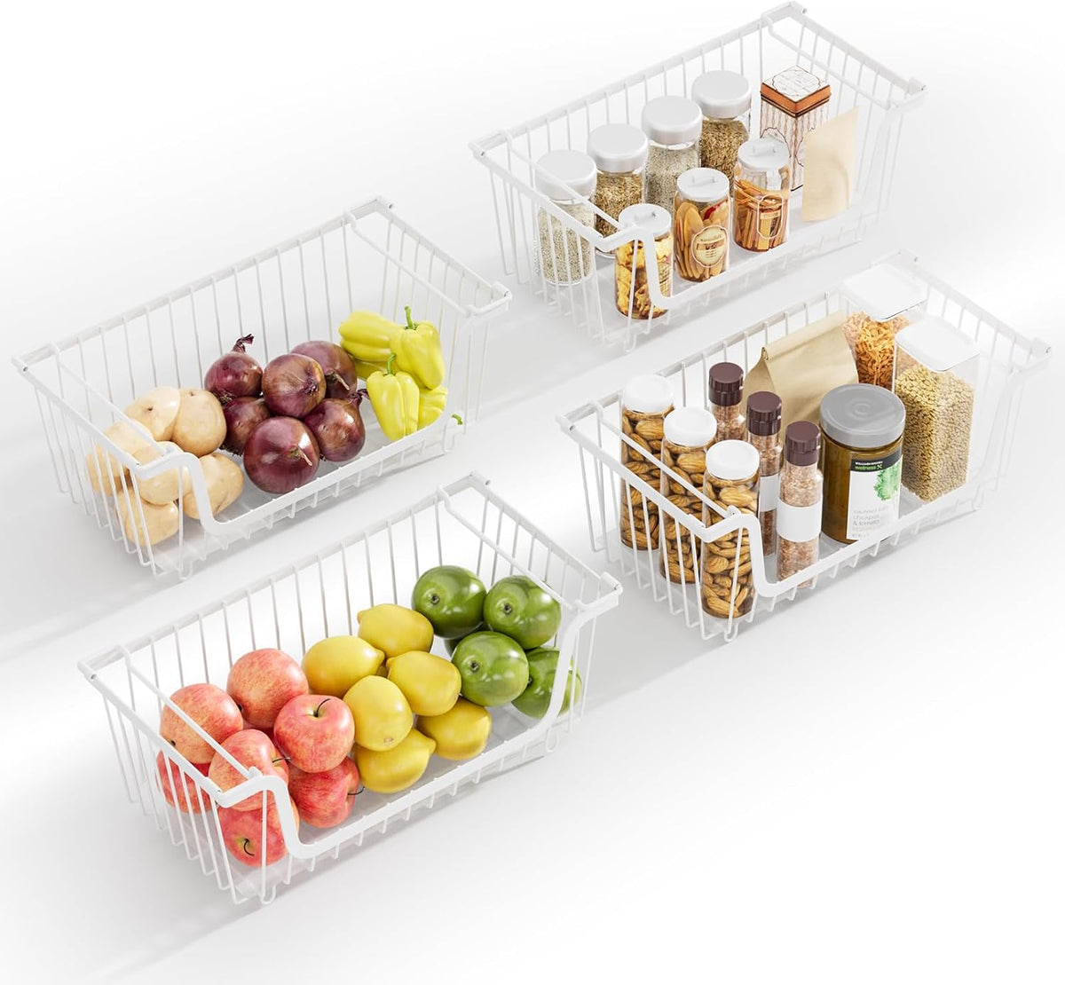 4 Pcs Stackable Wire Baskets for Pantry Organizers and Storage,Kitchen Storage Metal Baskets,Produce Potato Onion Storage Bin,Vegetable Fruit Basket for Countertop,Black