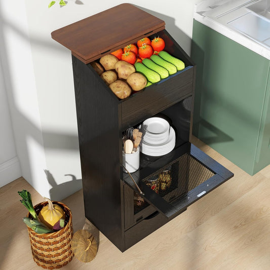 Patiorama Wood Potato and Onion Storage Bin Box with Lid, 4-Tier Farmhouse Wooden Bread Box Cabinet with 2 Mesh Doors & Rolling Drawer, Large Vegetable Storage Bin Organizer for Kitchen Pantry White