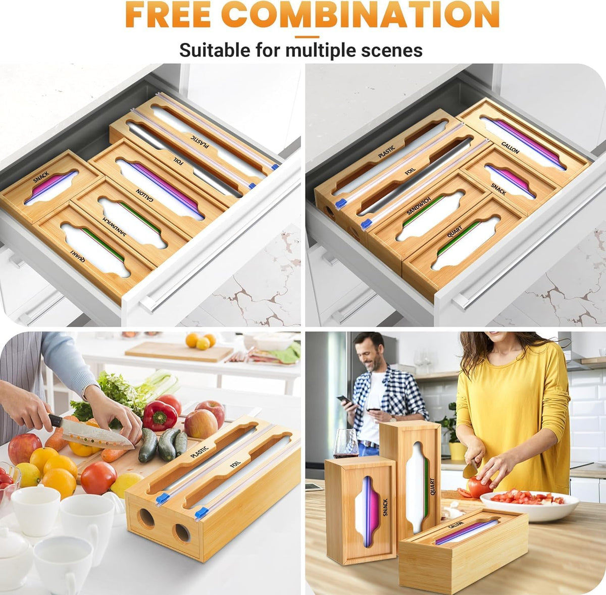 6 In 1 Bag Storage Organizer with Foil and Plastic Wrap Organizer, Extended Aluminum Foil Dispenser, Bamboo Baggie Organizer for Drawer, Sandwich Bag Organizer for Gallon, Quart, Snack