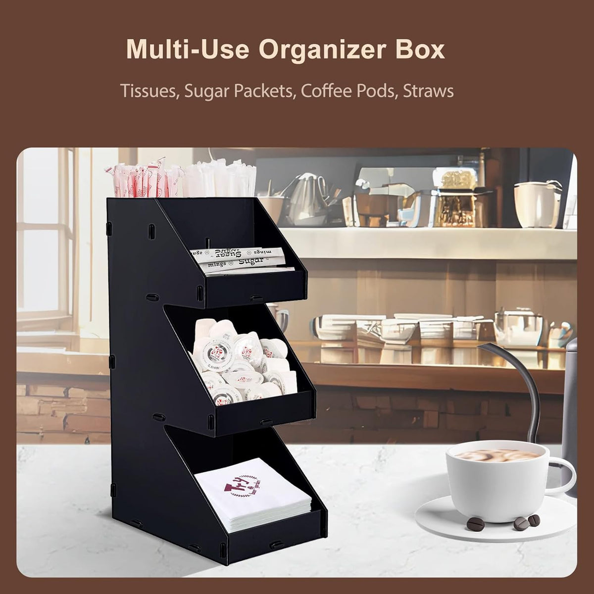 Sauce Packet Organizer, For Organizing Ketchup Packet, Condiment Packets, Sugar Packets, Hot Sauce Pack, 3-Tier Design with Straw Holder, Condiment Organizer for Restaurant, Cafe, Home, Black Acrylic