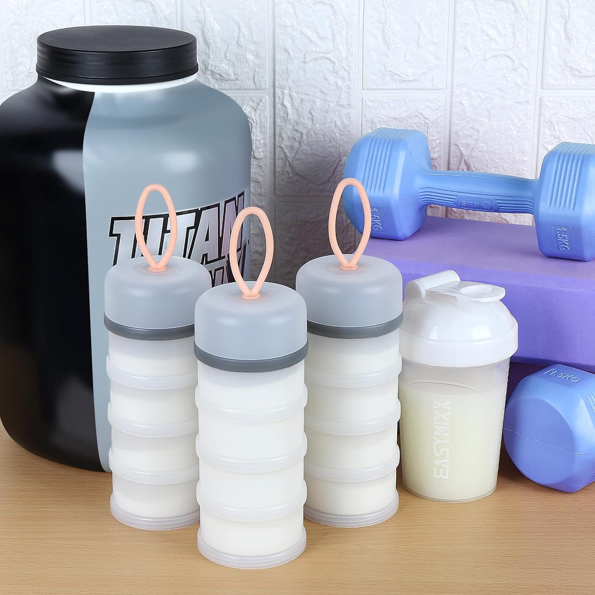 Accmor Protein Powder Container to Go with Funnels Stand, 4 Compartments Stackable Protein Powder Dispenser for Workout, Fitness, Travel