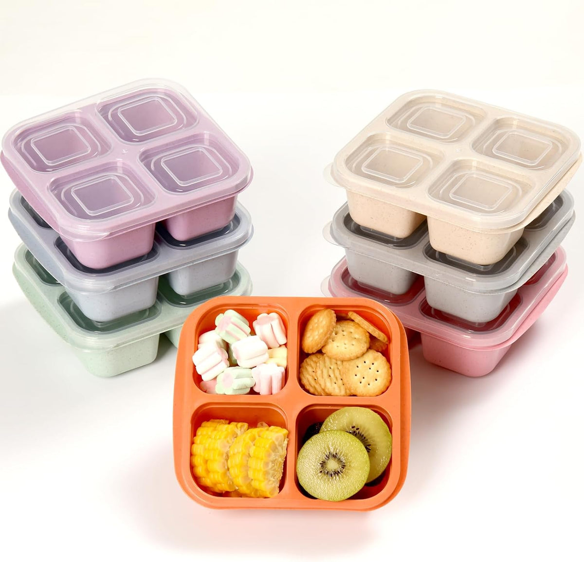 Snack Containers, 4 Compartment Snack Box Containers Bento Box, Reusable Meal Prep Lunch Containers for Adults Kids Toddler, Divided Food Containers for Travel Work School