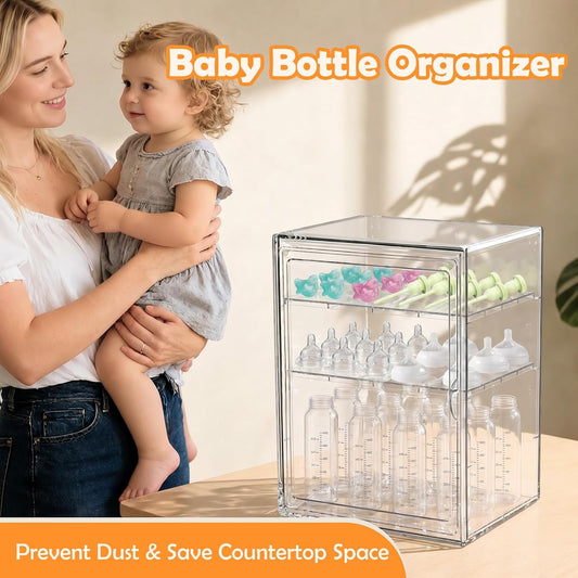 Baby Bottle Organizer,Adjustable Height Bottle Storage Organizer Baby for Bottles, Pacifiers, Pump Parts, Clear Organizer for Countertop, Cabinet,Vanity, Bathroom,Large