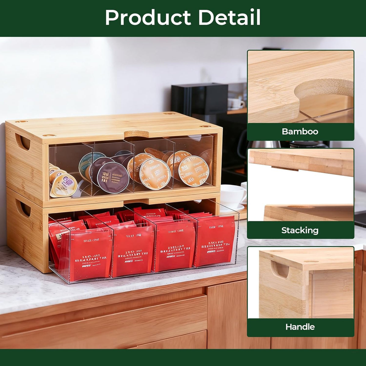 Bamboo Tea Bag Organizer for Cabinet & Countertop - 2-Piece Stackable Tea Box Set, Large Capacity Storage Containers for Tea Bags & Packets - Modular Pantry Organization & Kitchen Tea Station Holder